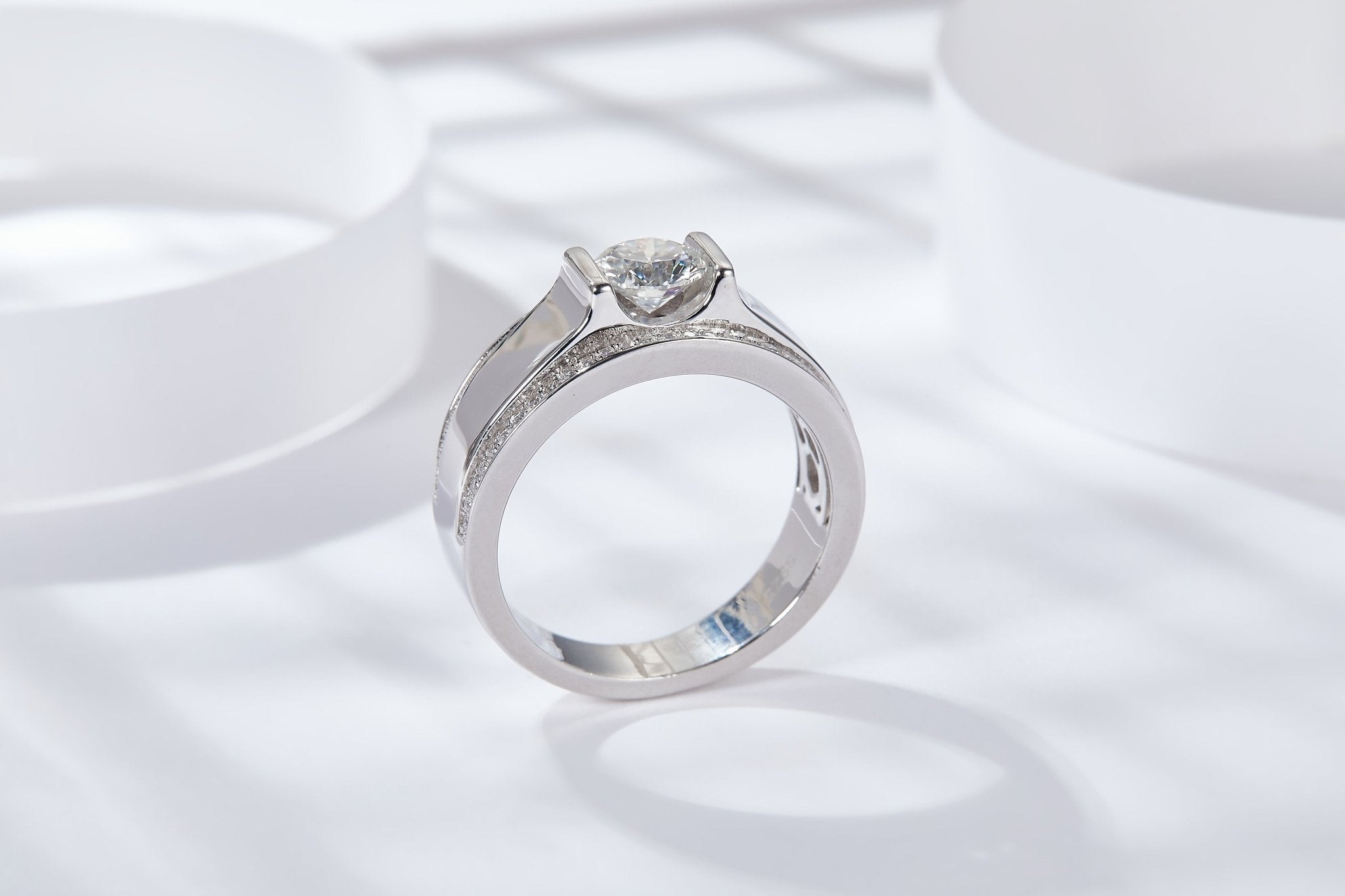 S925 Sterling Silver Wide Band Moissanite Ring, 1&2ct D-VVS1 Bezel Set With Pave Edges, US Sizes 5-9, GRA Certificate Gift Box - IVOIRART.COM