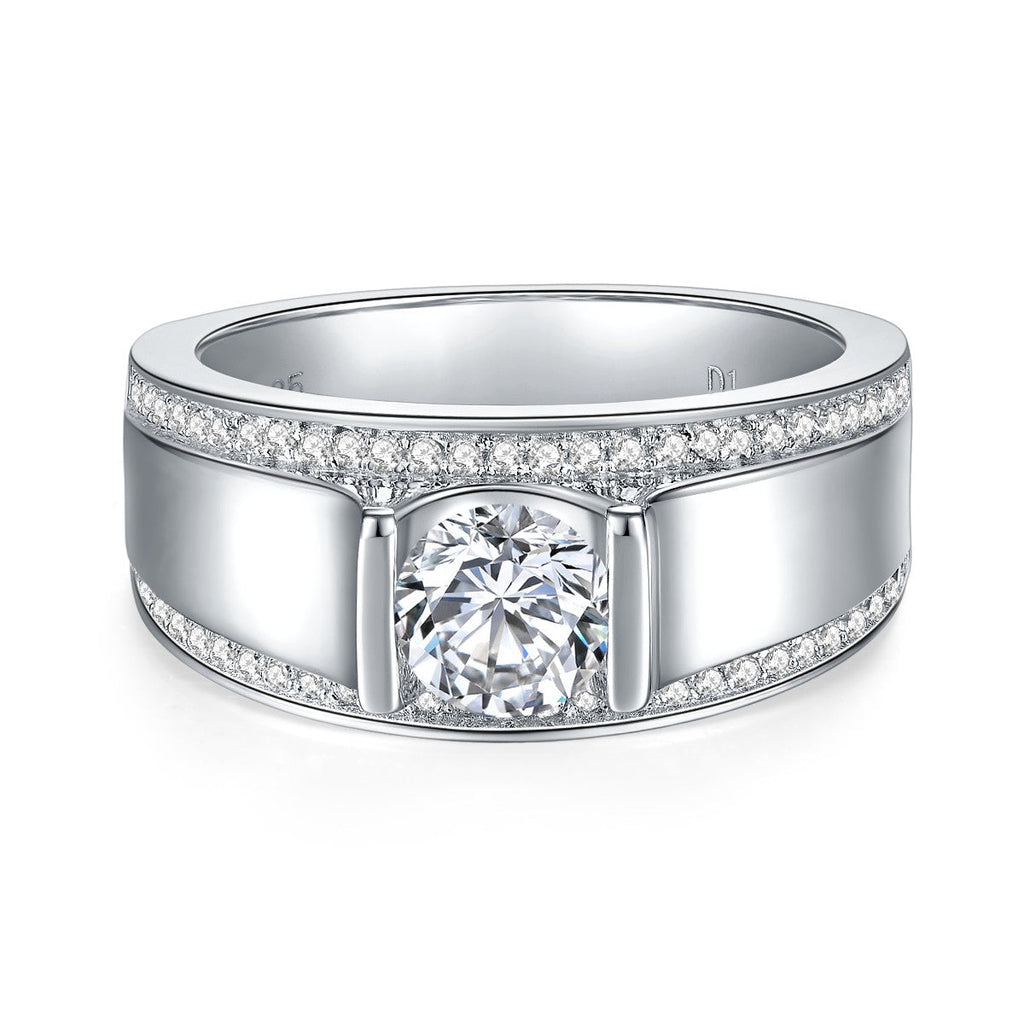 S925 Sterling Silver Wide Band Moissanite Ring, 1&2ct D-VVS1 Bezel Set With Pave Edges, US Sizes 5-9, GRA Certificate Gift Box - IVOIRART.COM