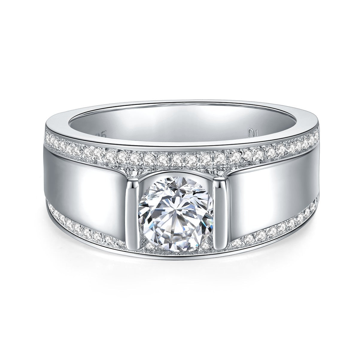 S925 Sterling Silver Wide Band Moissanite Ring, 1&2ct D-VVS1 Bezel Set With Pave Edges, US Sizes 5-9, GRA Certificate Gift Box - IVOIRART.COM