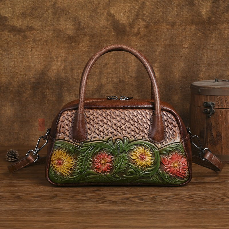 Sac à bandoulière pour femme en cuir pleine fleur style ethnique rétro - IVOIRART.COM
