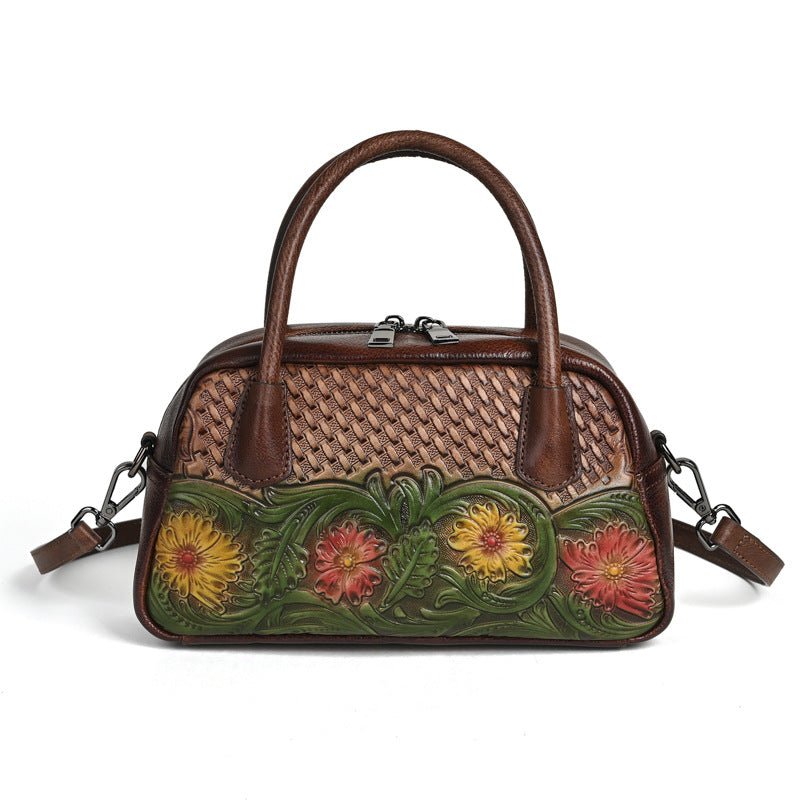Sac à bandoulière pour femme en cuir pleine fleur style ethnique rétro - IVOIRART.COM