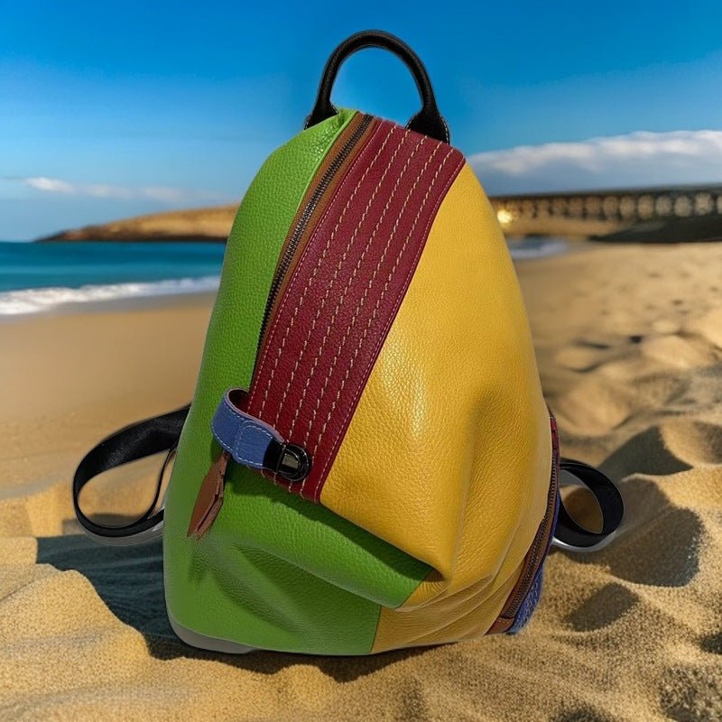 Sac à Dos Femme Cuir Véritable Bicolore Style Européen et Américain Antivol - IVOIRART.COM