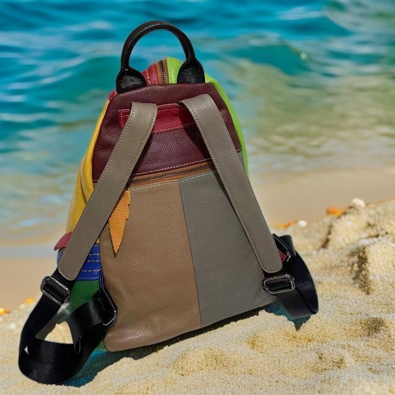 Sac à Dos Femme Cuir Véritable Bicolore Style Européen et Américain Antivol - IVOIRART.COM