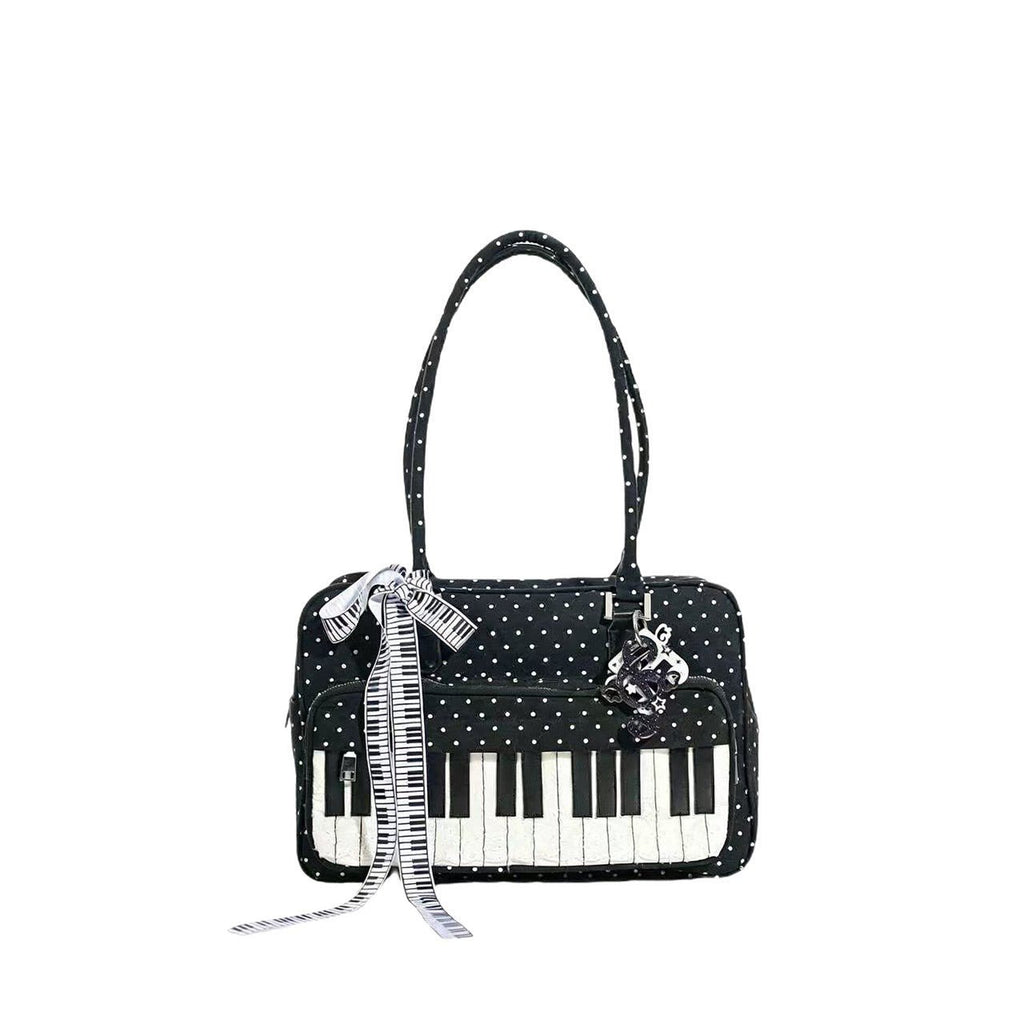 Sac à Épaule Léger Abeibi Noir et Blanc à Pois Motif Touches de Piano - IVOIRART.COM