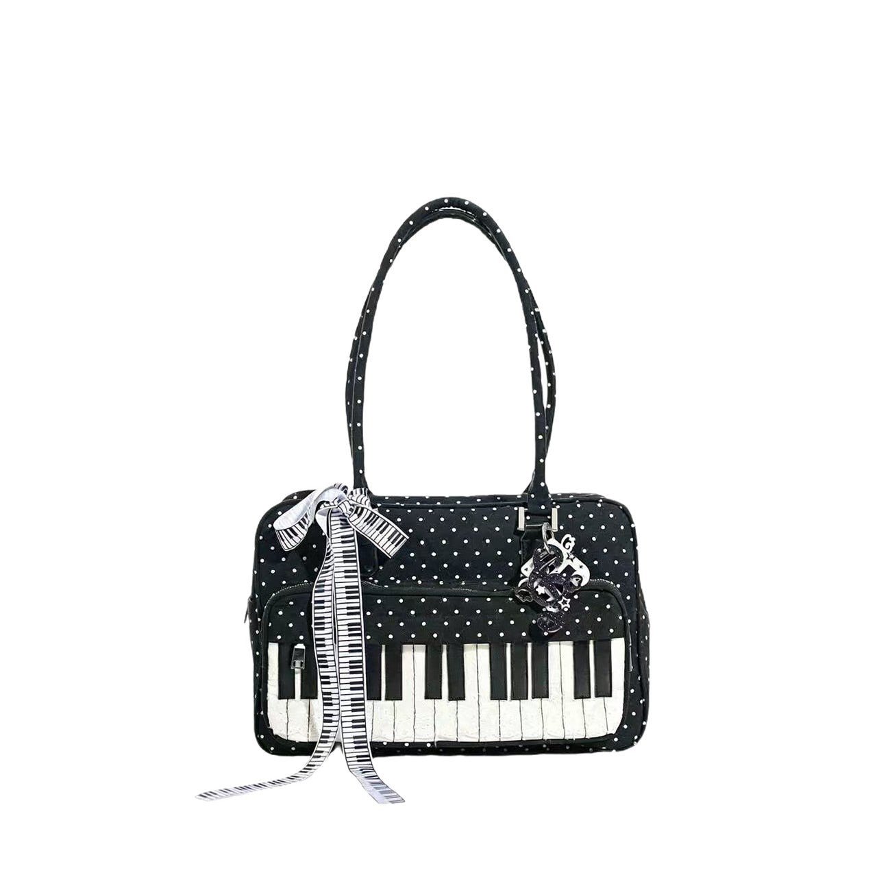 Sac à Épaule Léger Abeibi Noir et Blanc à Pois Motif Touches de Piano - IVOIRART.COM