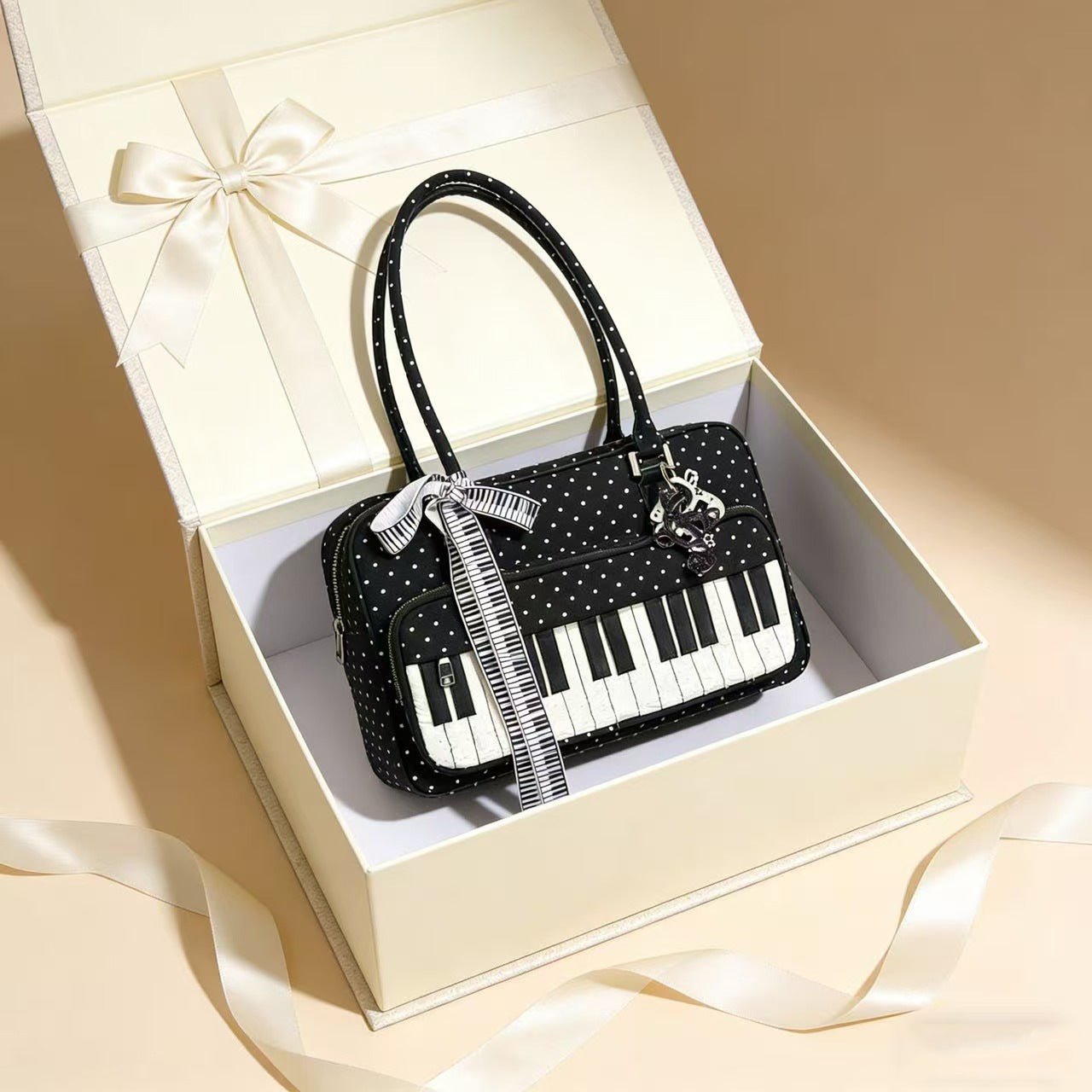 Sac à Épaule Léger Abeibi Noir et Blanc à Pois Motif Touches de Piano - IVOIRART.COM