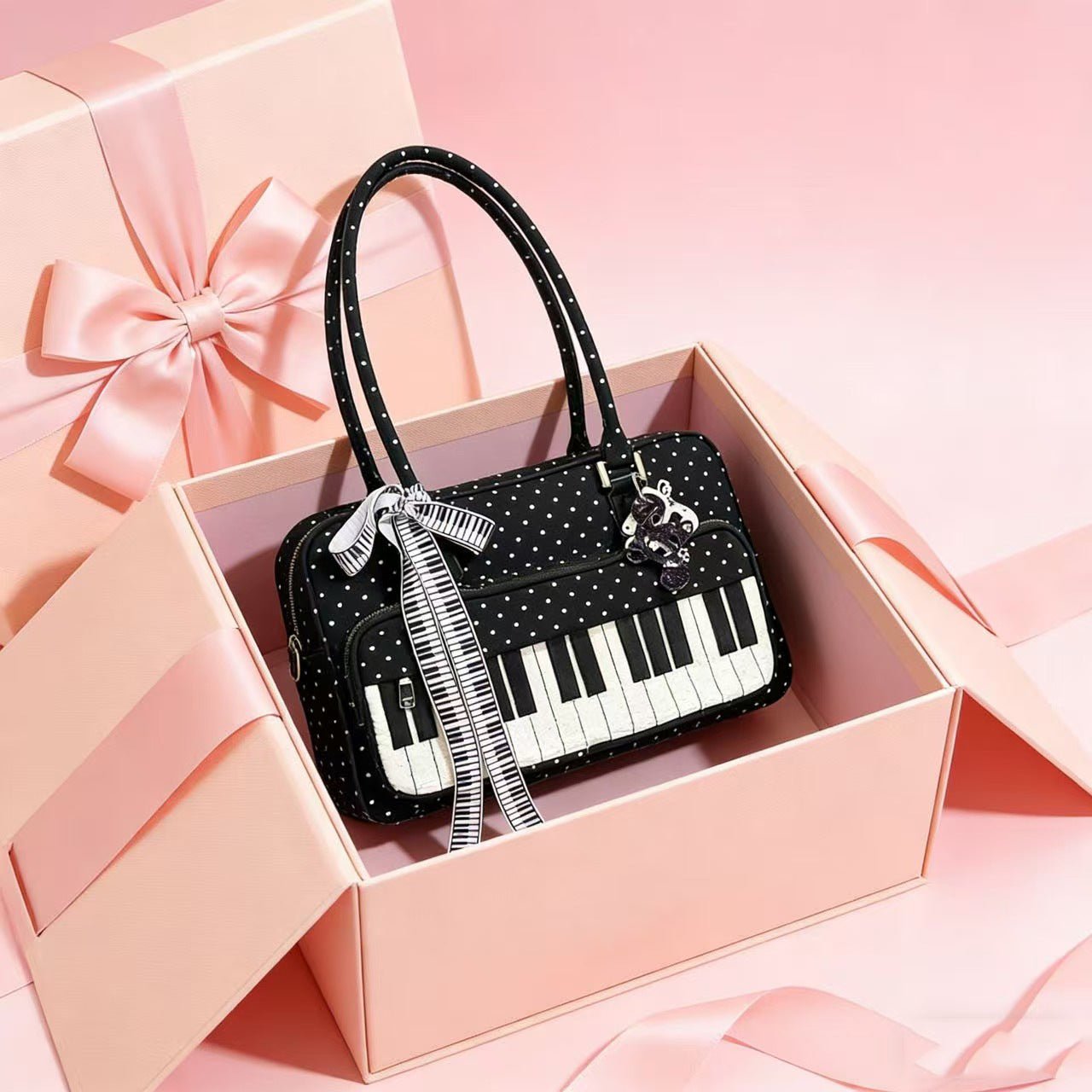 Sac à Épaule Léger Abeibi Noir et Blanc à Pois Motif Touches de Piano - IVOIRART.COM