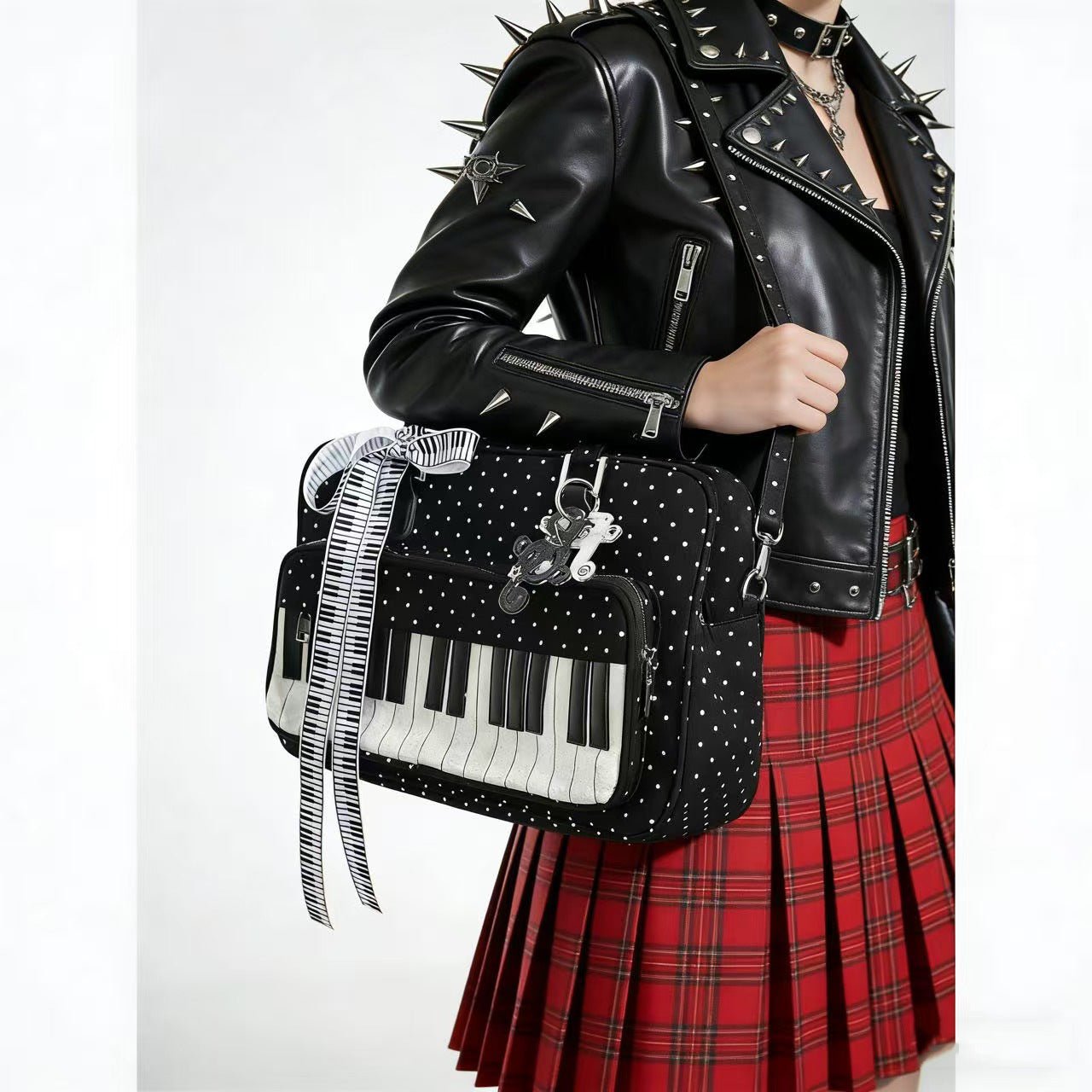 Sac à Épaule Léger Abeibi Noir et Blanc à Pois Motif Touches de Piano - IVOIRART.COM