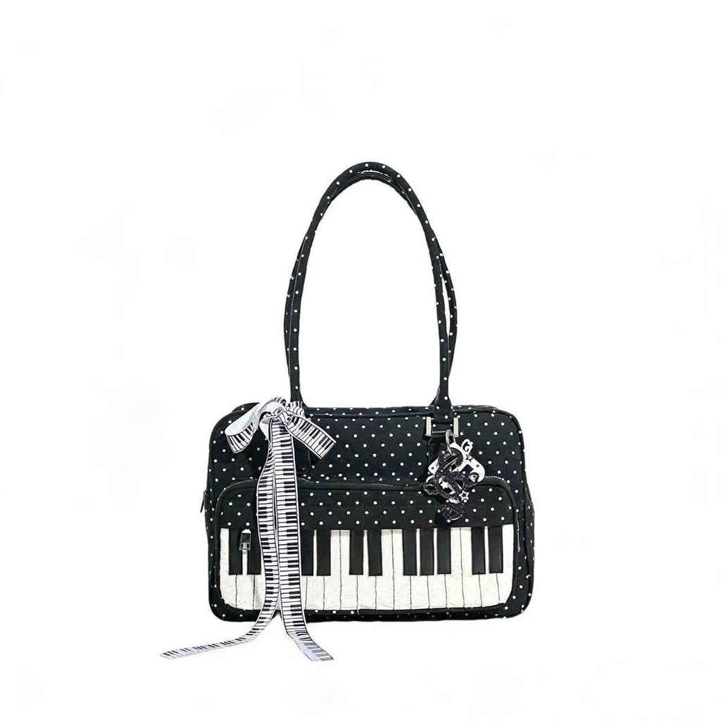 Sac à Épaule Léger Abeibi Noir et Blanc à Pois Motif Touches de Piano - IVOIRART.COM
