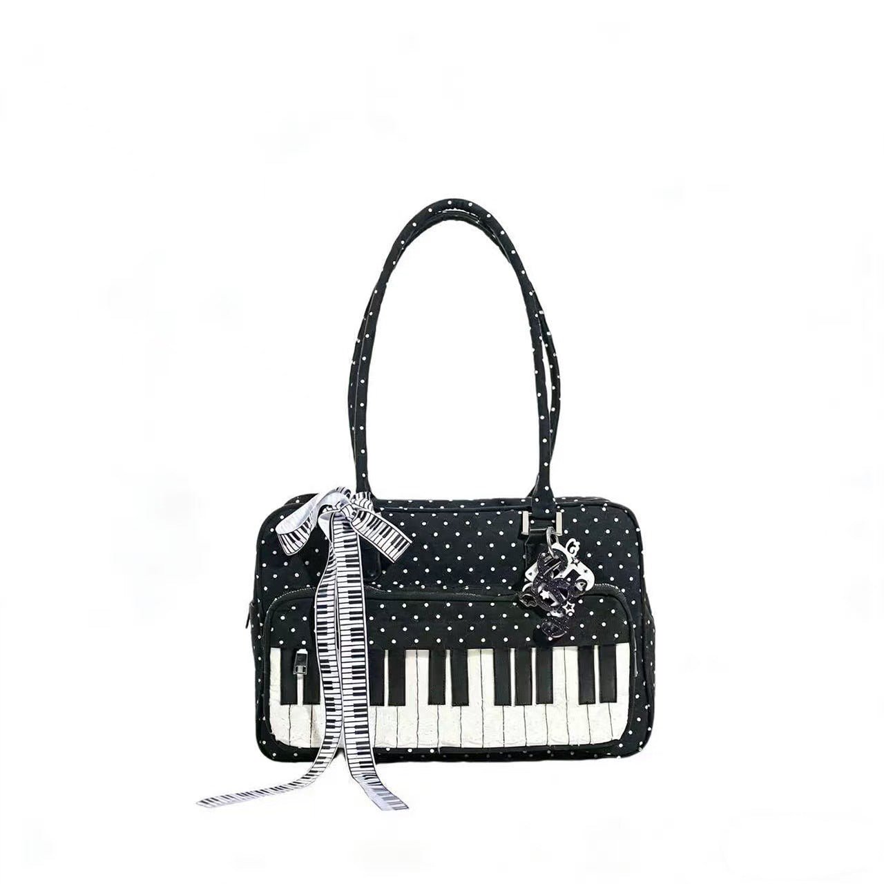 Sac à Épaule Léger Abeibi Noir et Blanc à Pois Motif Touches de Piano - IVOIRART.COM