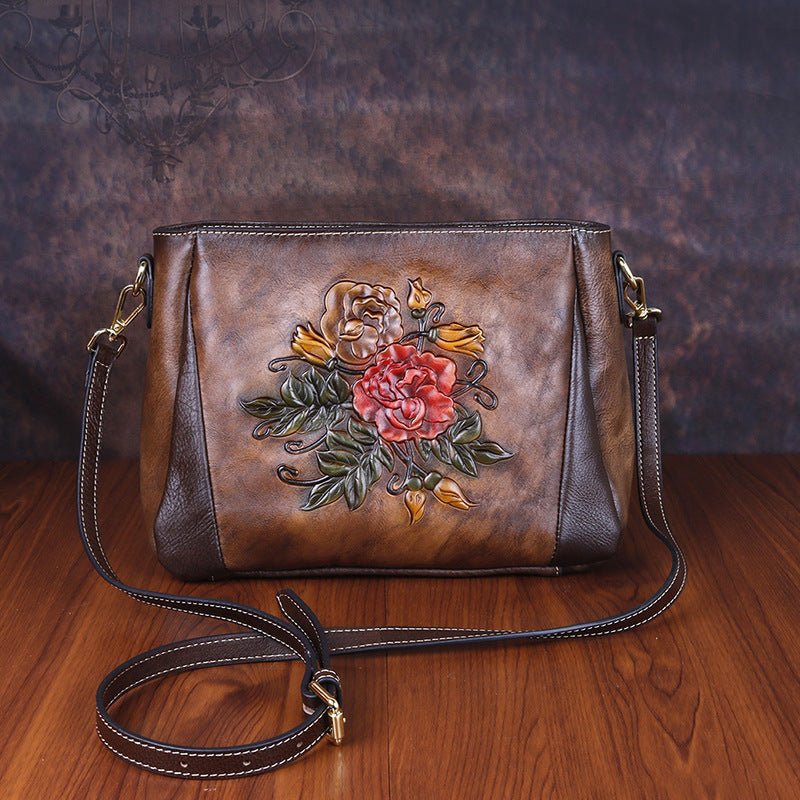 Sac à Épaule Vintage pour Femme en Cuir de Vache Gaufré et Embossé - IVOIRART.COM