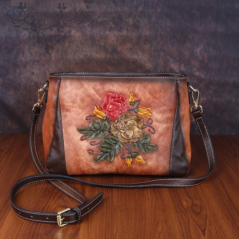 Sac à Épaule Vintage pour Femme en Cuir de Vache Gaufré et Embossé - IVOIRART.COM