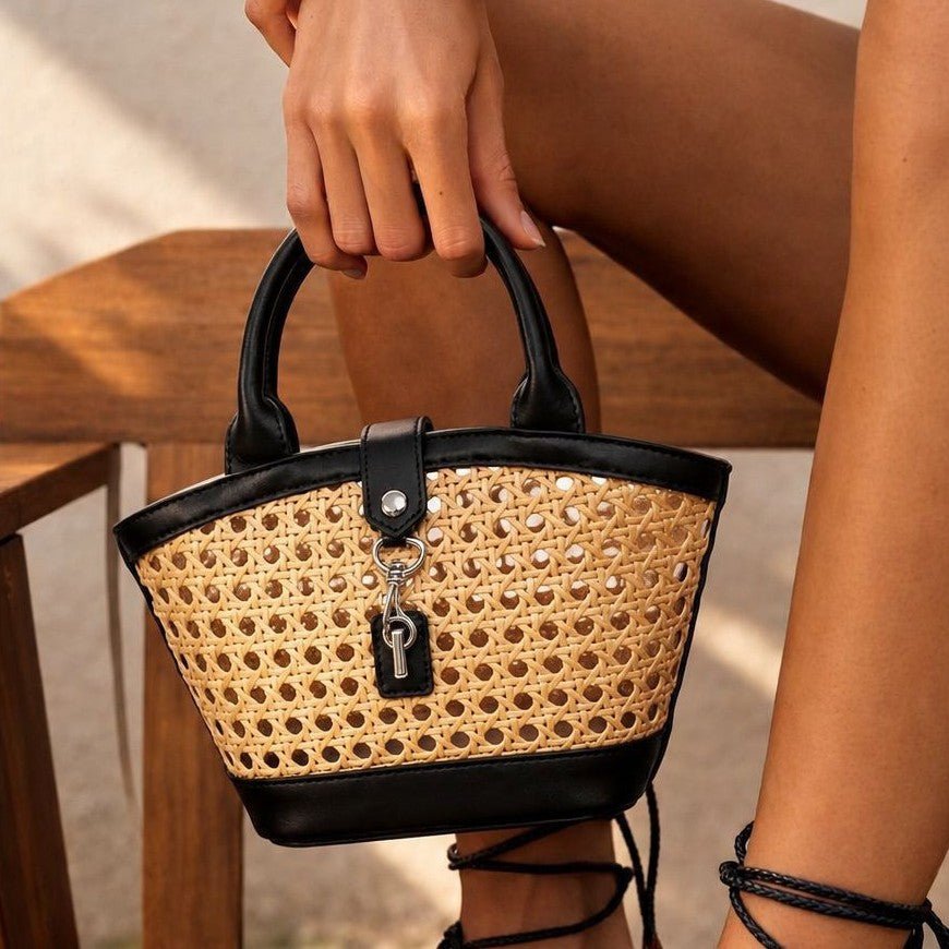 Sac à main en rotin tressé ajouré - style seau, élégant pour sorties et quotidien - IVOIRART.COM