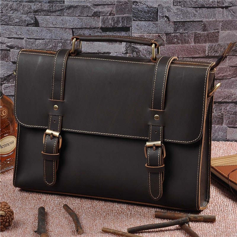 Sac à main pour homme en cuir véritable de vache Crazy Horse - 33 cm style rétro - IVOIRART.COM