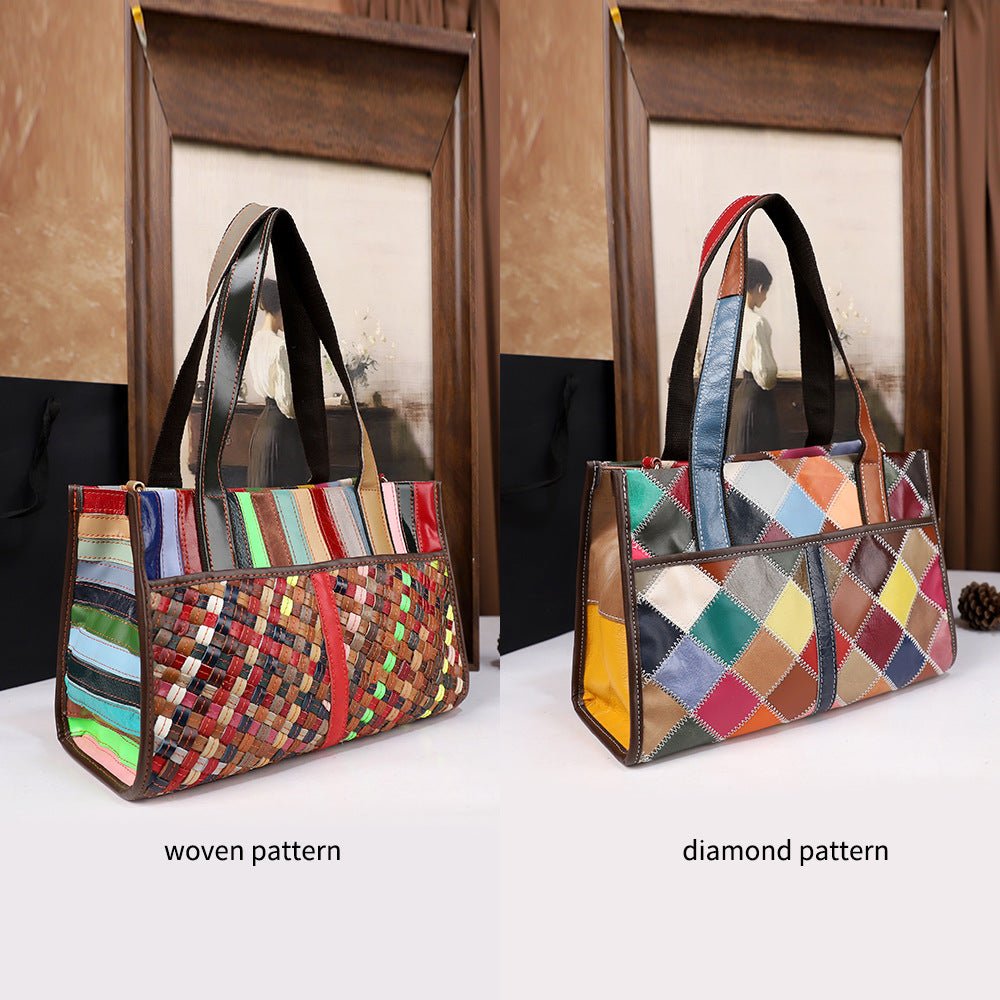 Sac à main vintage pour femme en cuir véritable patchwork coloré tissé - IVOIRART.COM