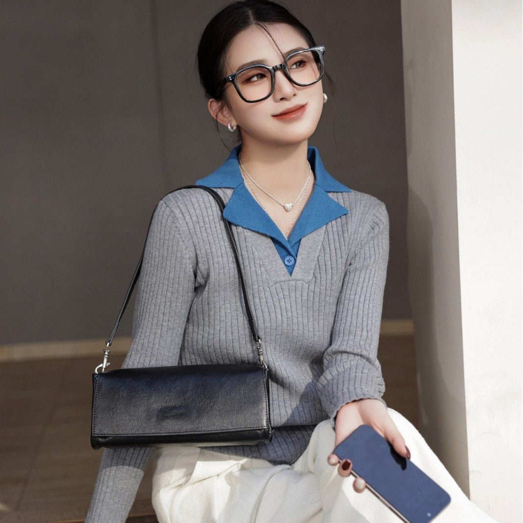 Sac baguette femme en cuir véritable, design niche, bandoulière luxe léger noir. - IVOIRART.COM