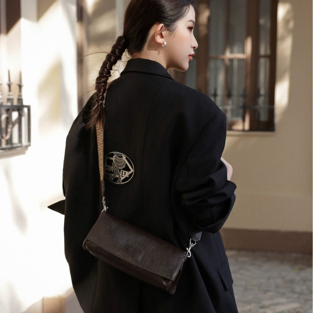 Sac baguette femme en cuir véritable, design niche, bandoulière luxe léger noir. - IVOIRART.COM