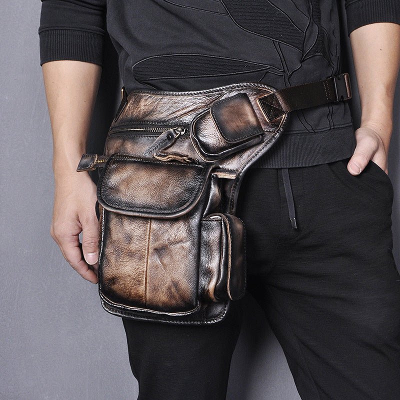Sac Banane Homme Vintage en Cuir de Vache Ciré à la Cire d’Huile Première Couche - IVOIRART.COM