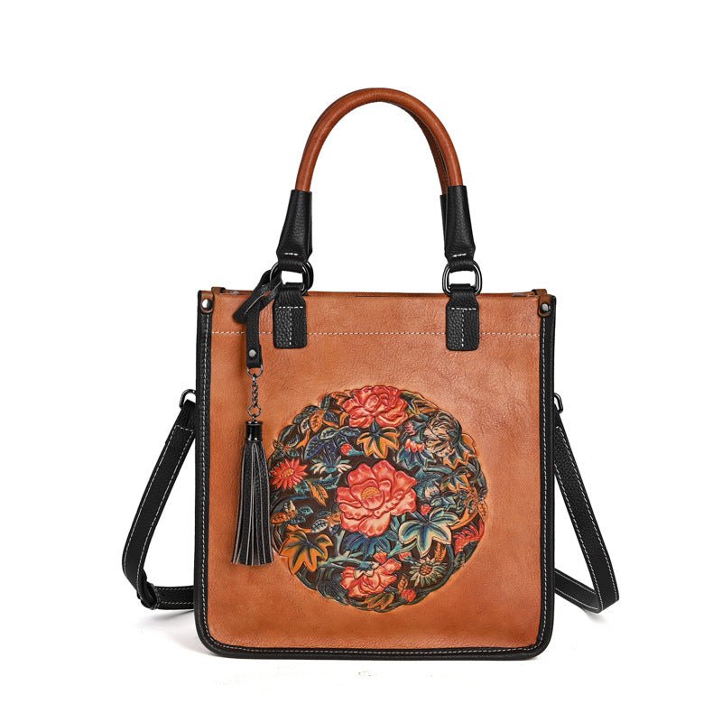 Sac bandoulière à épaule en cuir de vachette pleine fleur style chinois traditionel - IVOIRART.COM