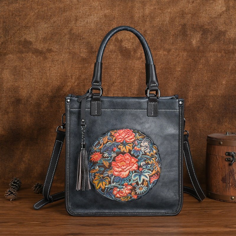 Sac bandoulière à épaule en cuir de vachette pleine fleur style chinois traditionel - IVOIRART.COM