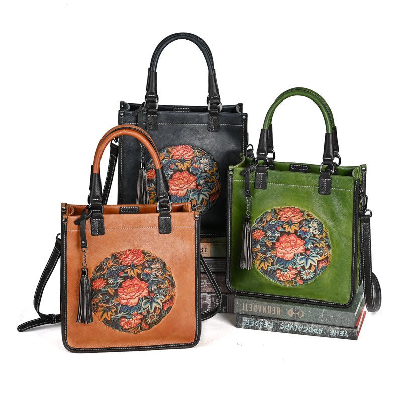 Sac bandoulière à épaule en cuir de vachette pleine fleur style chinois traditionel - IVOIRART.COM