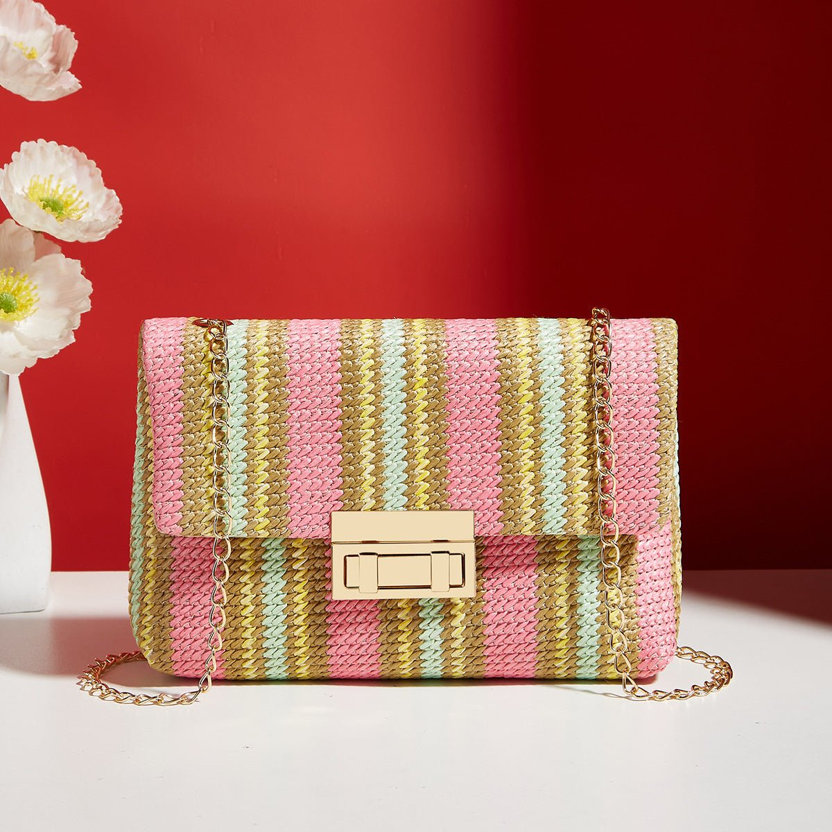 Sac bandoulière paille, fermeture loquet, petit sac carré simple et élégant chic - IVOIRART.COM