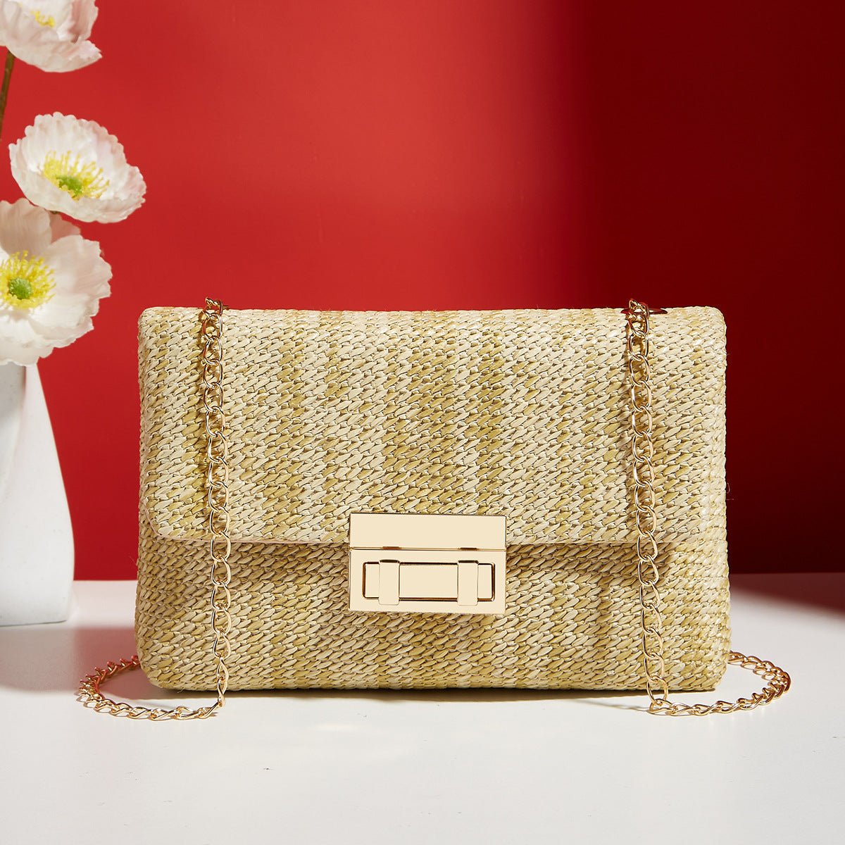 Sac bandoulière paille, fermeture loquet, petit sac carré simple et élégant chic - IVOIRART.COM