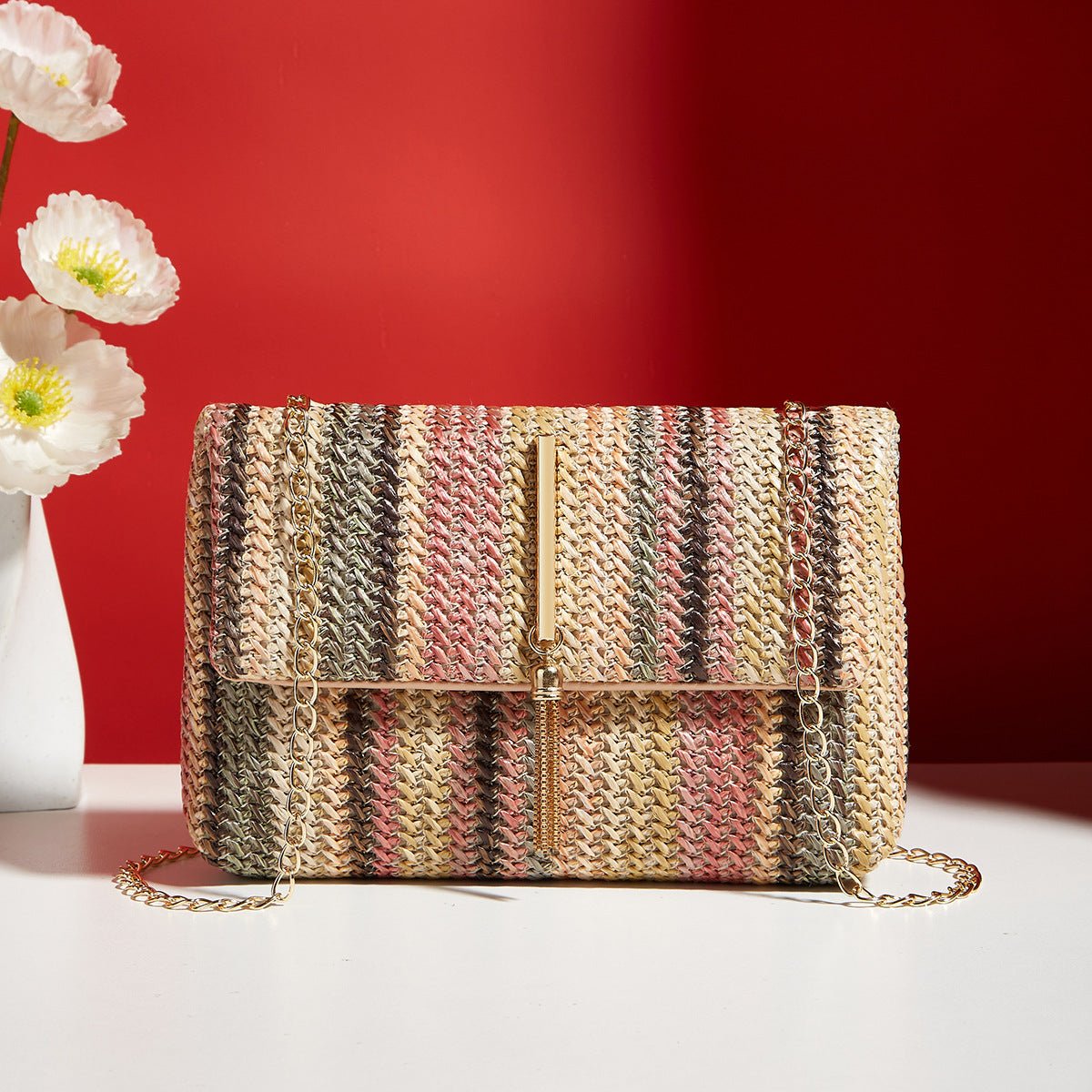 Sac bandoulière paille, fermeture loquet, petit sac carré simple et élégant chic - IVOIRART.COM