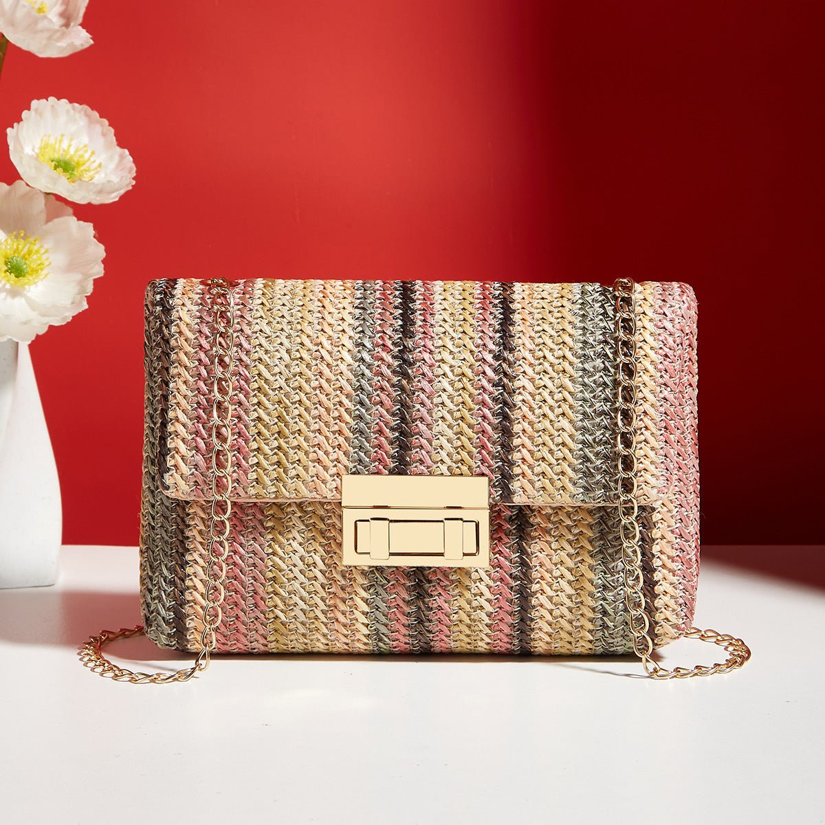 Sac bandoulière paille, fermeture loquet, petit sac carré simple et élégant chic - IVOIRART.COM