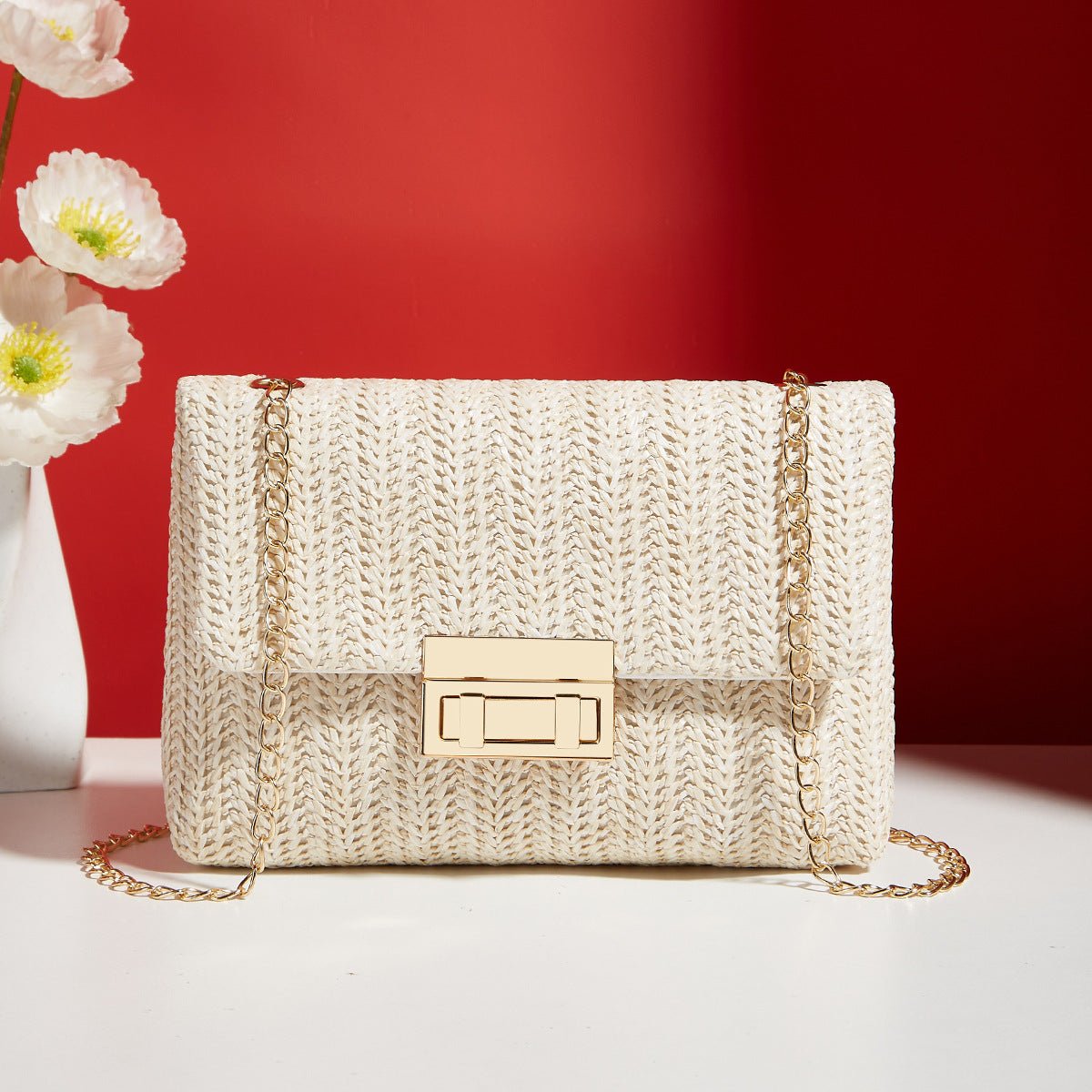 Sac bandoulière paille, fermeture loquet, petit sac carré simple et élégant chic - IVOIRART.COM