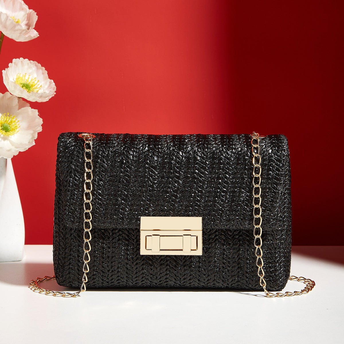 Sac bandoulière paille, fermeture loquet, petit sac carré simple et élégant chic - IVOIRART.COM