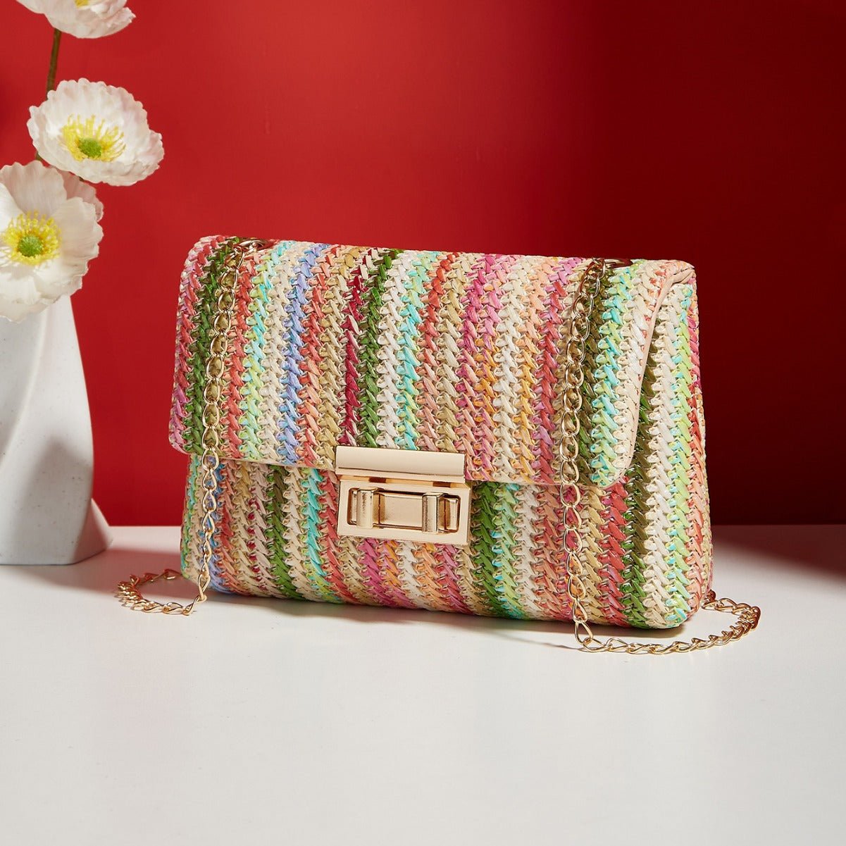 Sac bandoulière paille, fermeture loquet, petit sac carré simple et élégant chic - IVOIRART.COM
