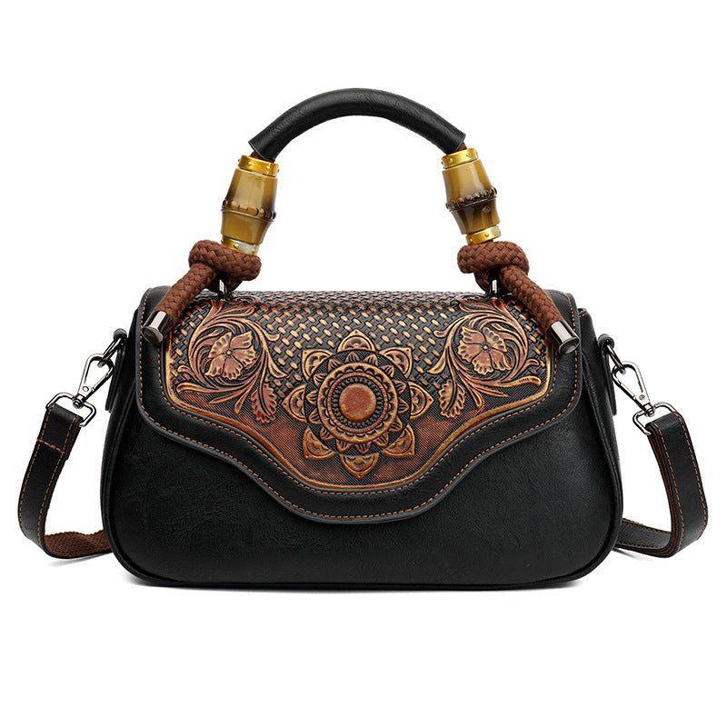 Sac bandoulière rétro carré horizontal en cuir embossé fait main, élégant et pratique - IVOIRART.COM