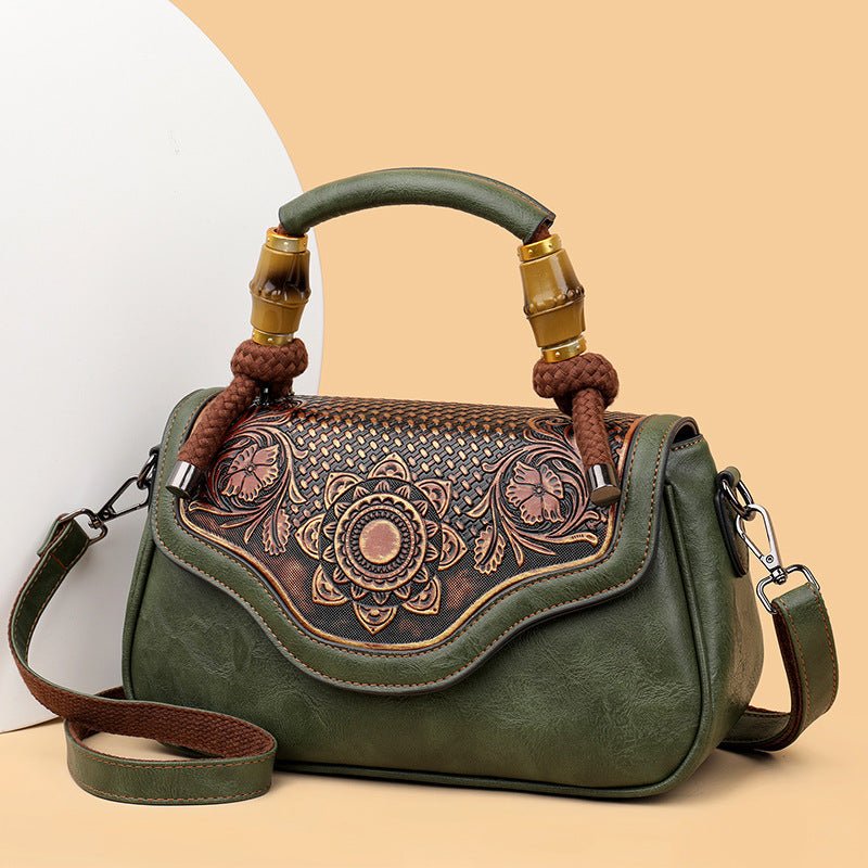 Sac bandoulière rétro carré horizontal en cuir embossé fait main, élégant et pratique - IVOIRART.COM