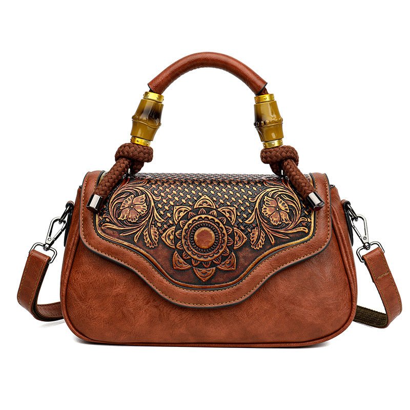 Sac bandoulière rétro carré horizontal en cuir embossé fait main, élégant et pratique - IVOIRART.COM