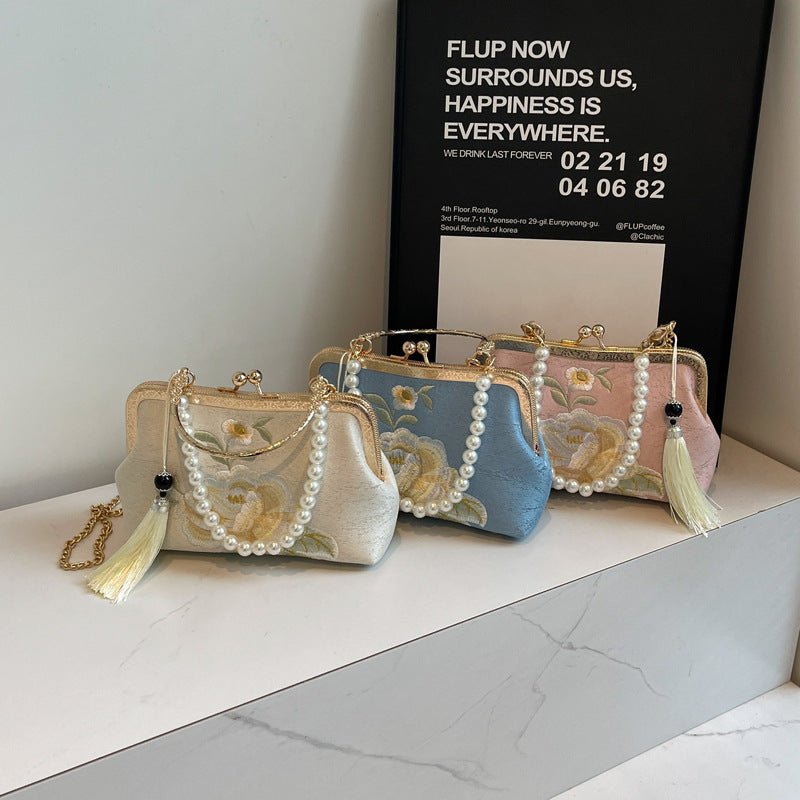 Sac bandoulière style chinois ancien brodé Premium - sac Han en toile et pompons - IVOIRART.COM