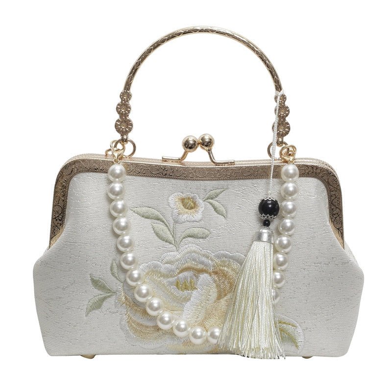 Sac bandoulière style chinois ancien brodé Premium - sac Han en toile et pompons - IVOIRART.COM