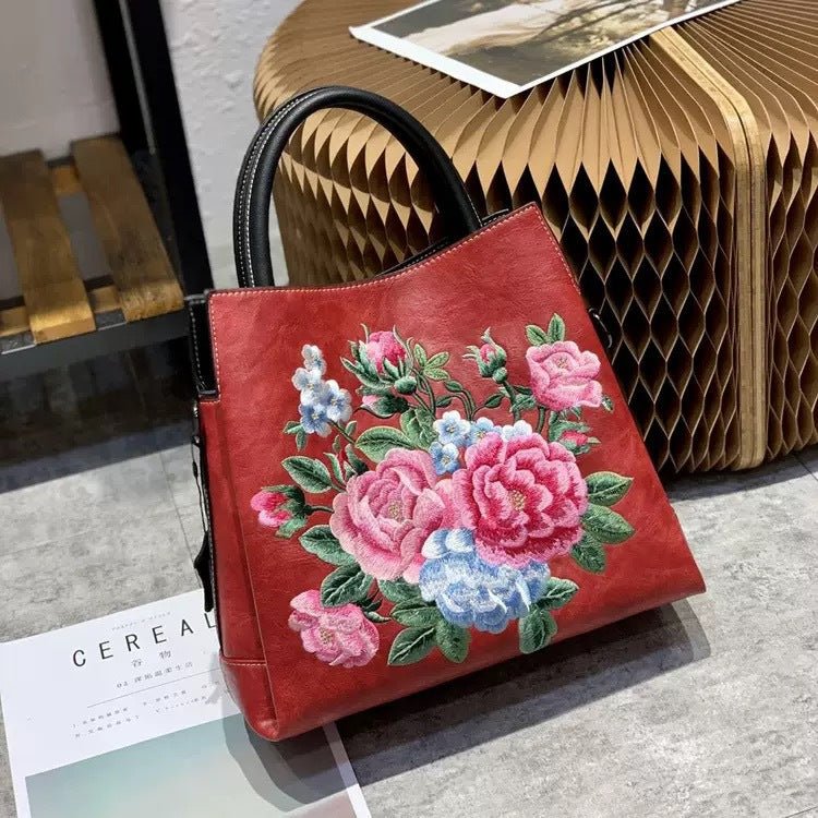 Sac Cabas avec Fleurs de Pivoine Brodées Design Ethnique Texturé Élégant - IVOIRART.COM