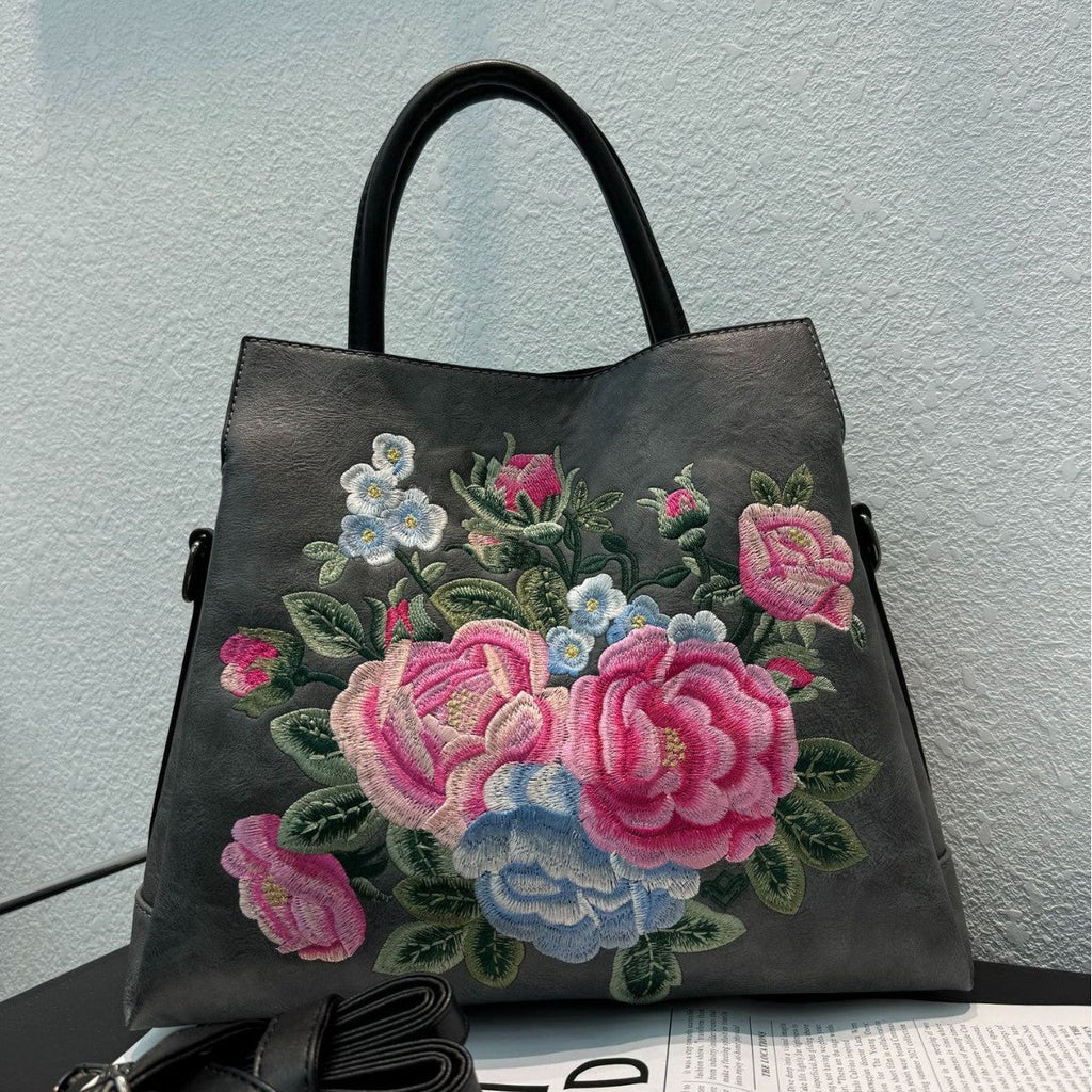 Sac Cabas avec Fleurs de Pivoine Brodées Design Ethnique Texturé Élégant - IVOIRART.COM