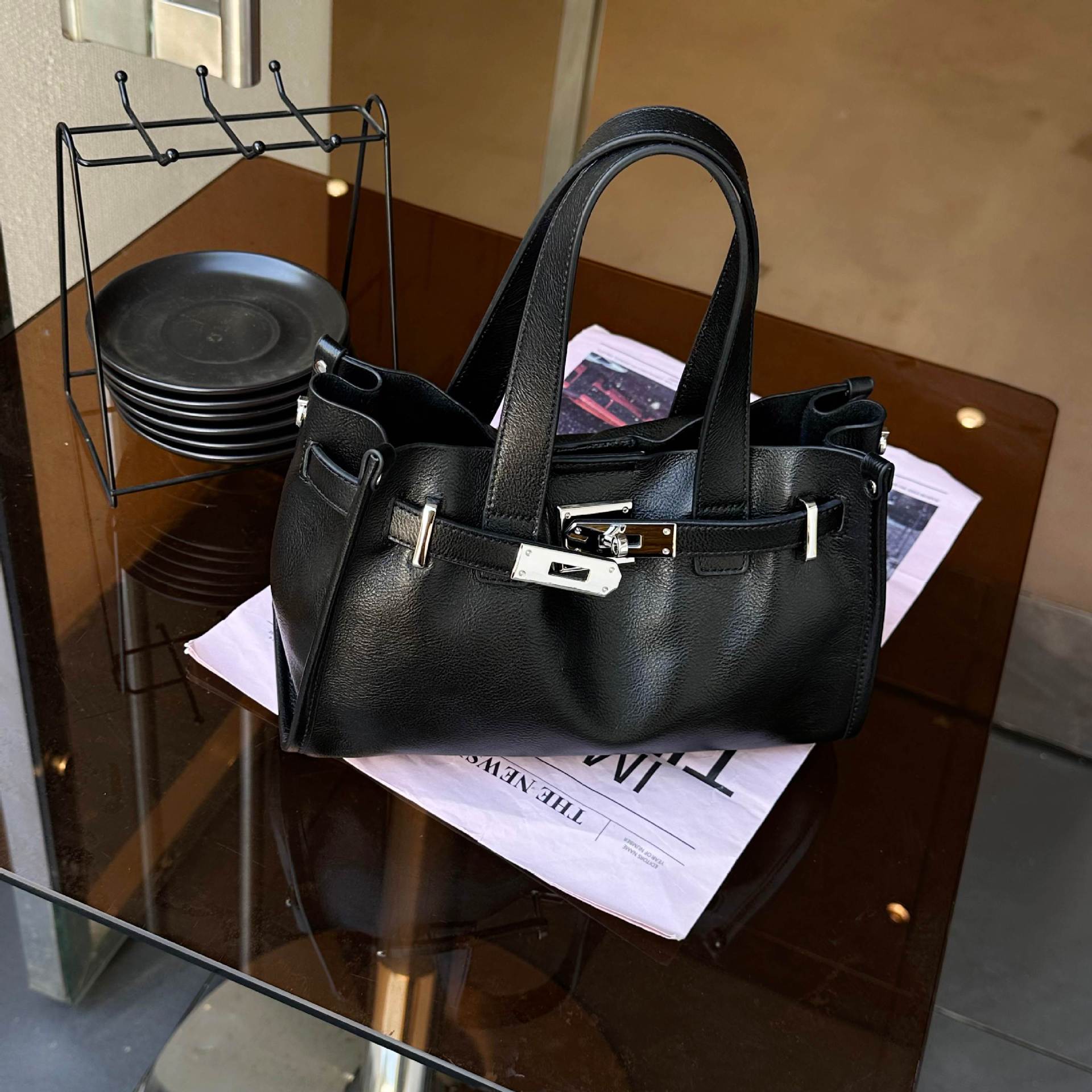 Sac cabas femme cuir pleine fleur top-grain, grande capacité, style urbain noir! - IVOIRART.COM