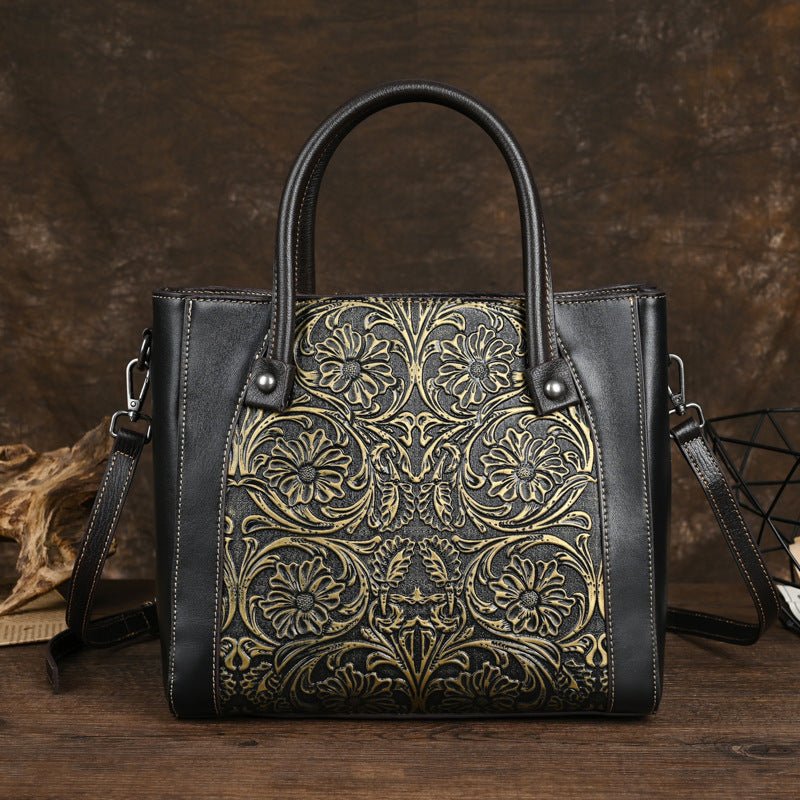 Sac cabas vertical carré en cuir pleine fleur avec décoration sculptée, épaule unique - IVOIRART.COM