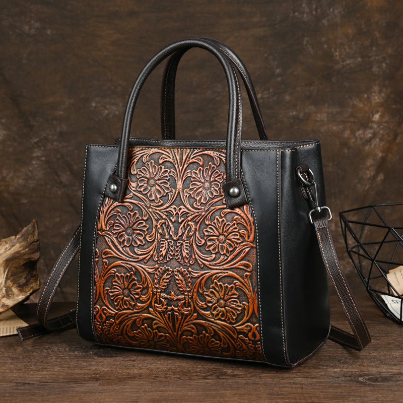 Sac cabas vertical carré en cuir pleine fleur avec décoration sculptée, épaule unique - IVOIRART.COM