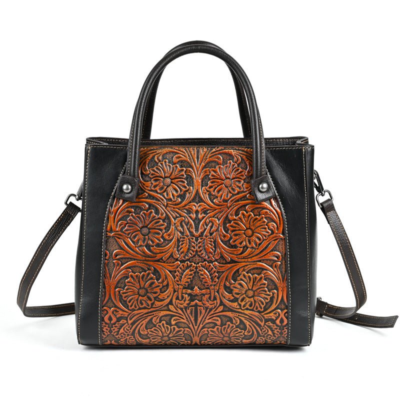 Sac cabas vertical carré en cuir pleine fleur avec décoration sculptée, épaule unique - IVOIRART.COM