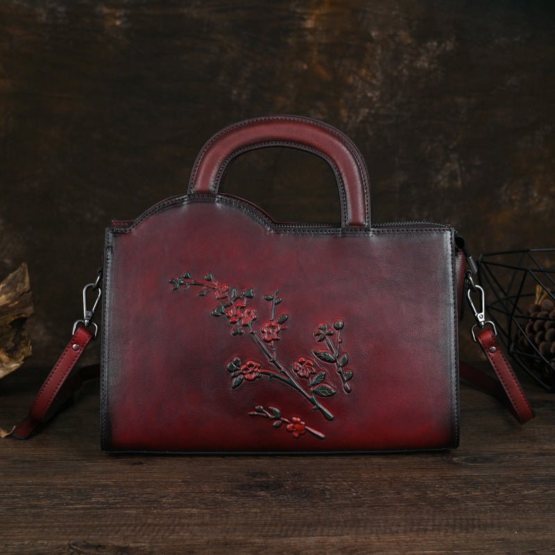 Sac Cabas Vintage à Bandoulière Grand Volume en Cuir Véritable Floral - IVOIRART.COM