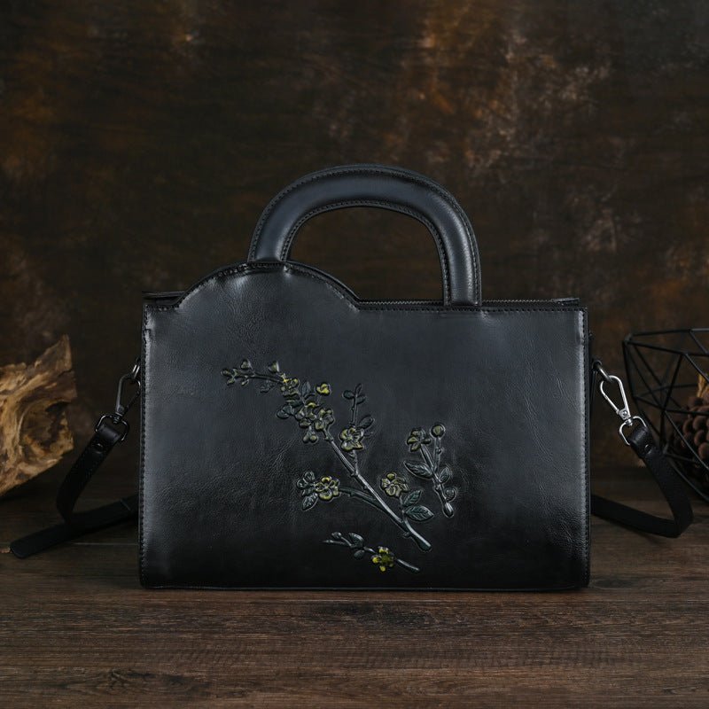 Sac Cabas Vintage à Bandoulière Grand Volume en Cuir Véritable Floral - IVOIRART.COM