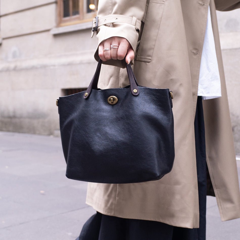 Sac cabas vintage cuir pleine fleur, forme coussin, bandoulière simple noir chic - IVOIRART.COM