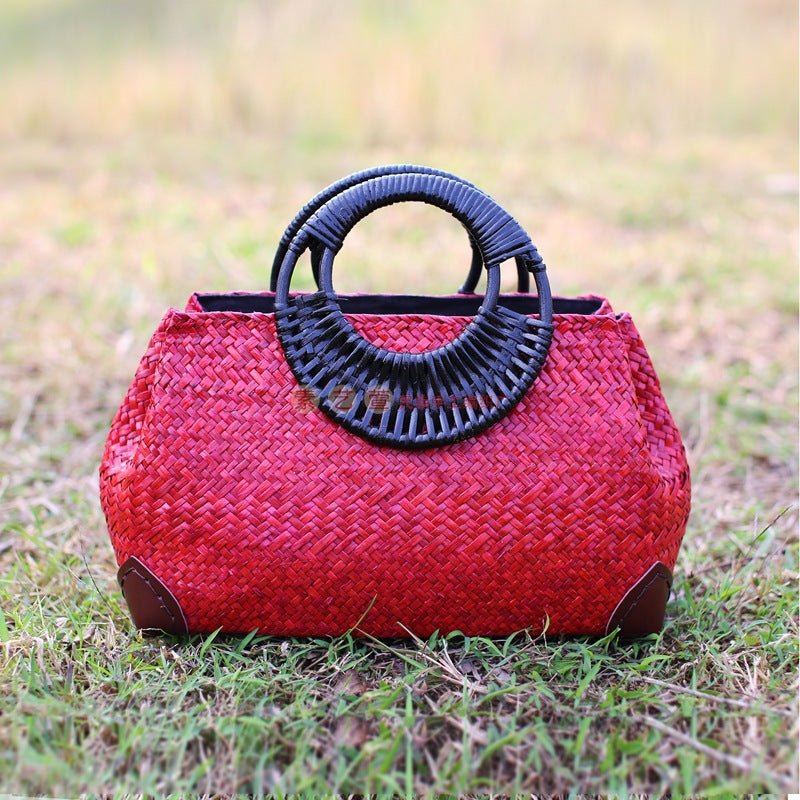 Sac de plage rétro tressé à la main - sac de voyage femme, poignée rigide motif. - IVOIRART.COM