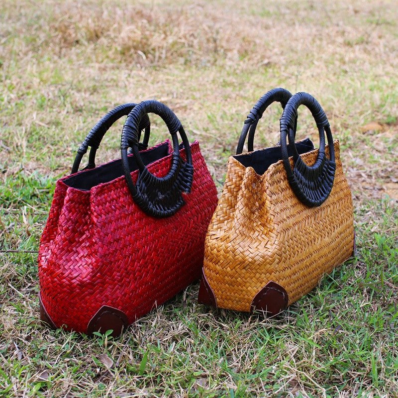 Sac de plage rétro tressé à la main - sac de voyage femme, poignée rigide motif. - IVOIRART.COM