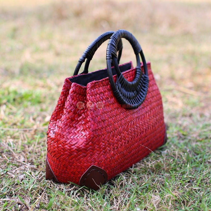 Sac de plage rétro tressé à la main - sac de voyage femme, poignée rigide motif. - IVOIRART.COM