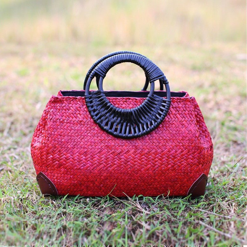 Sac de plage rétro tressé à la main - sac de voyage femme, poignée rigide motif. - IVOIRART.COM